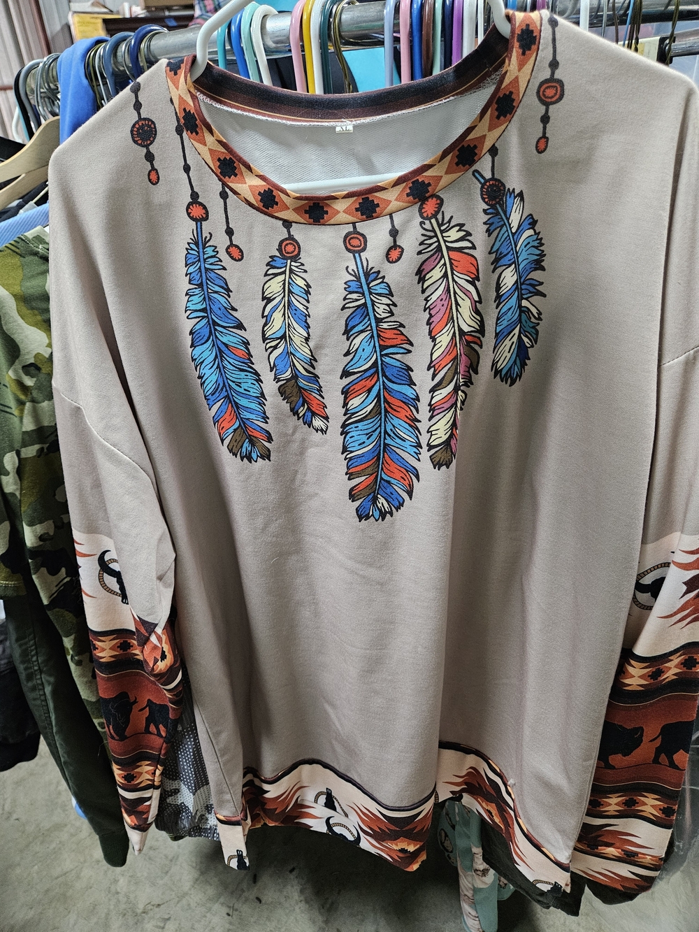 Neutral Feather Graphic Long Sleeve Top With Buffalo On The Sleeves